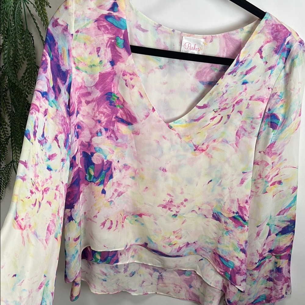 Parker SILK Asymmetrical Long Sleeve Blouse in Pink and Purple